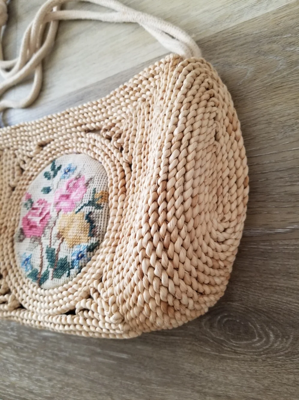 Vintage Cross Stitch Embroidery Boho Straw Shoulder Bag Cottagecore - Picture 4 of 12